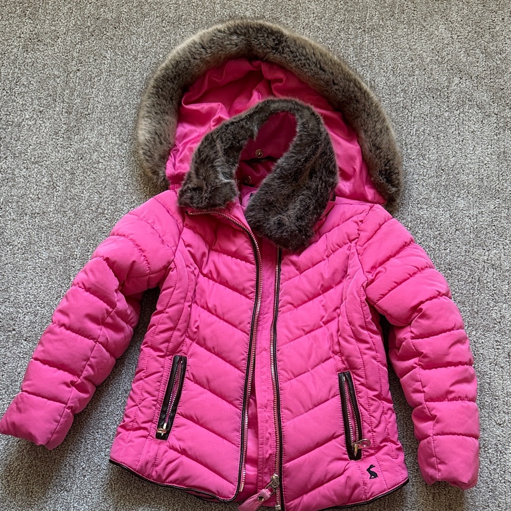 Pink Hooded Puffer Jacket with Faux Fur Trim, detachable collar and hood, size 5